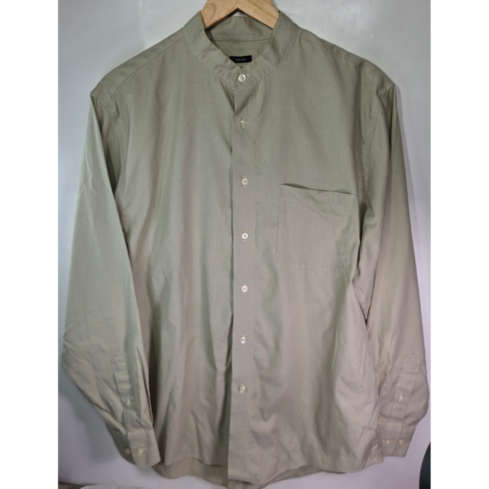Pronto Uomo Banded Collar Dress Shirt Mens 16.5 34/35 Sage Green Houndstooth
